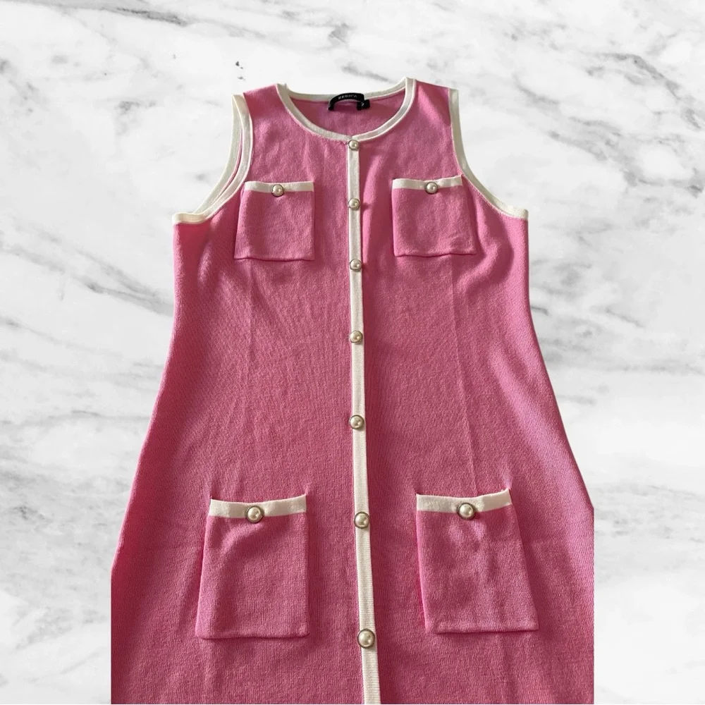 Work Dress Sleeveless Knit Dress - Pink & White Pearl Button, Size M 🌸💕 Brunch - Picture 3 of 8